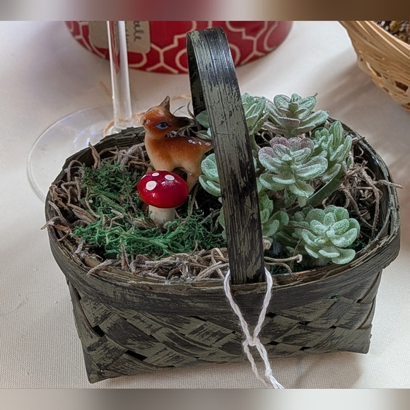Darling Rustic Green Basket with Faux Succulents and Vintage Deer Figurine - Picture 2 of 3